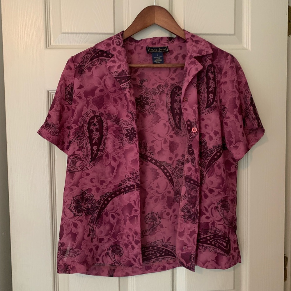 Laura Scott Purple and Black Short Sleeve Button Down Shirt